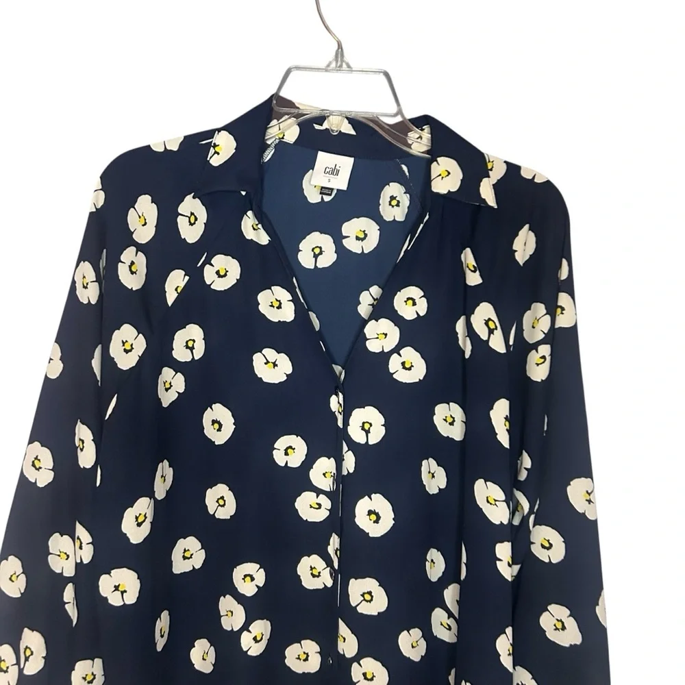 Cabi Navy Floral Blouse Small | 3/4 Sleeve Popover Top